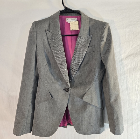 Alexander McQueen Women's Size 40 Gray Houndstooth One Button Wool Blazer New - Picture 4 of 11